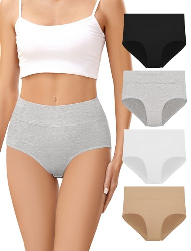 VOENXE Cotton Underwear Knickers Women,High Waist Ladies Pants Full Briefs Multipack,Comfortable Soft Panties,Breathable Stretch Undies,Tummy Control Underpants,4 Packs Assorted