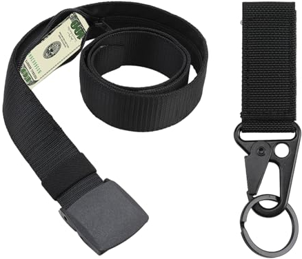 Geldgürtel mit Reißverschluss Geheimfach, Geldversteck, Nylon Gürtel mit Kunststoff Befestigungsschnalle, für Gegen Diebstahl, Reise, Dienstreise, Joggen, Fliegen, Unisex(Schwarz)