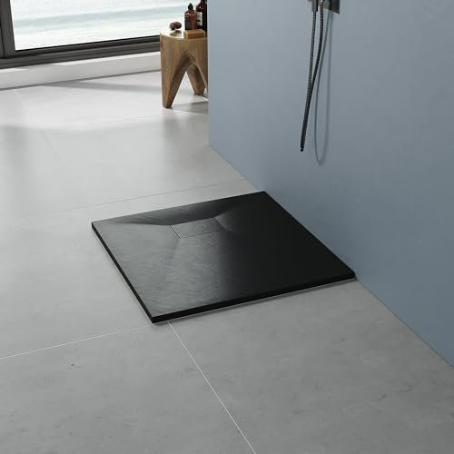 AQUABATOS SMC Duschwanne 80x80 cm Schwarz Eckig Quadratisch Duschtasse Duschbecken Brausewanne Brausetasse Rutschfest Bodengleich Ebenerdig Steinoptik Schieferoptik (Ablaufgarnitur nicht Inklusive)