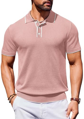 COOFANDY Polotröja för män sommar kortärmad golf polotröjor stickade pikétröjor med krage normal passform, Rosa, M