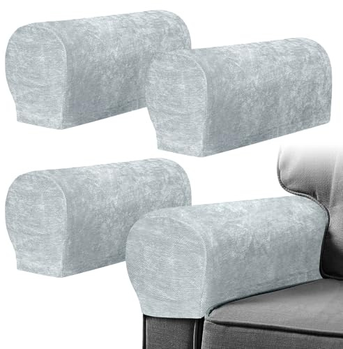 Armrest Chair Covers, Set of 4 Anti-Slip Stretch Chenille Couch Arm Cover with 20 Twist Nails, Armrest Covers Thickened Arm Caps Slipcovers for Sofa Couch Chair Recliner Protector, Aurora Silver
