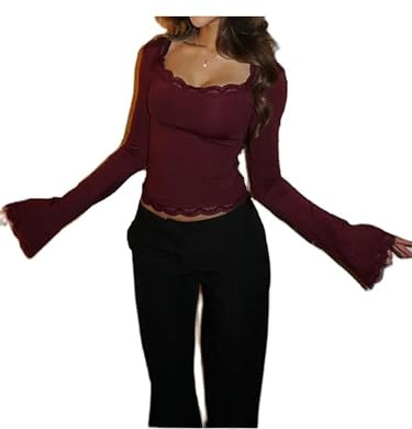 Yoisdtxc Women Cropped Lace Trim Tops Long Sleeve Square Neck Shirt Vintage Going Out Crop Top (A-Burgundy, XL)