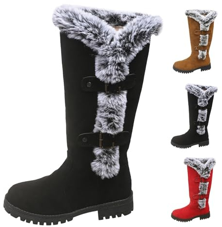 Momolaa UK Size 5.5 Women's Winter Fully Faux Fur Lined Mid-Calf Boots Winter Slip-On Thick Furry Collar Warm Non-Slip Buckle Snow Boot Booties Black