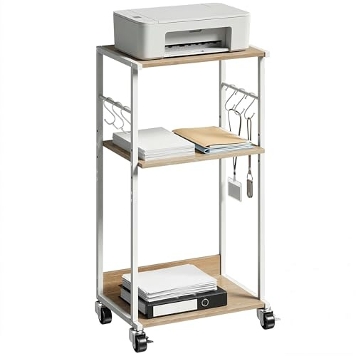 HOMCOM Soporte para Impresora de 3 Niveles con Ruedas, Madera Natural | Mueble para Impresora con Ganchos y Marco Metálico, Estantería Multiusos, para Oficina, Casa, Escuela