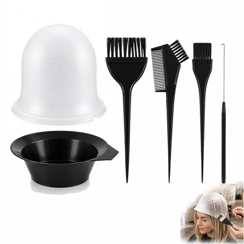 Kit Gorro de Mechas de Silicona con Gancho y Pinceles, Gorro Perforado Reutilizable para Tinte, Accesorios para Teñir el Cabello en Casa, Blanco Transparente, 6 Piezas