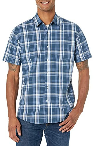 Amazon Essentials Herren Kurzärmeliges Hemd aus Popeline, Normale Passform, Marineblau Mittlere Karo, XL