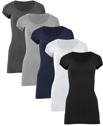 Sexy Basics Womens Cotton Stretch Scoop Neck Short Sleeve Extra Long T Shirt - Multi Packs (US, Alpha, Small, Regular, Regular, 5 Pack-Black/White/Grey/Navy/Charcoal)
