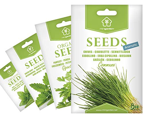 Biologisches Saatgut von Minigarden, Auswahl AROMATISCHE KRÄUTER: Schnittlauch, Petersilie, Grüne Minze und Basilikum