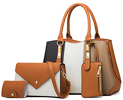 NICOLE & DORIS Sacs Portés Main de 4 pièces Sac a Main Femme +Sac Bandoulière Mode+Portefeuille en Main+Porte Cartes Mignon Sac D'epaule Contrasté Marron
