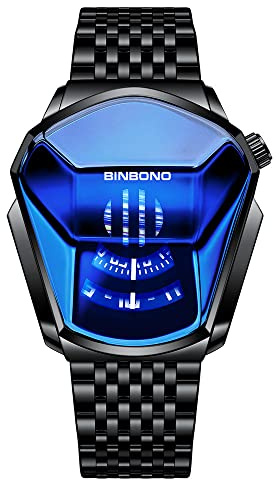 FANMIS Men's LED Binary Digital Watches, Blue Dial, Silver Stainless Steel Bracelet, Waterproof, Glow In The Dark, Sports Watch