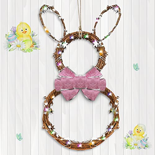 Corona de Pascua Guirnalda de Pascua con Cadena de Luces Conejo de Pascua Iluminado Coronas Decoración para Puerta Primavera Guirnalda Decorativa de Conejos LED con Lazo Rosa para Pared Ventanas