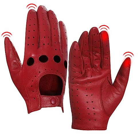 Harssidanzar Damen Leder Fahrhandschuhe, Lammfellhandschuhe, Sommer Leder Touchscreen Fahrhandschuhe, ungefüttert, Lammfellhandschuhe, Damen Lederhandschuhe GL009EUA,Rot, Größe S