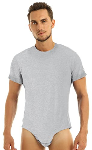 Yeahdor Herren Body Einteiler Overall Kurzarm Bodysuit Sportbody Unterhemd mit Knöpfen Sport Shirt Unterwäsche Clubwear A Hellgrau XL