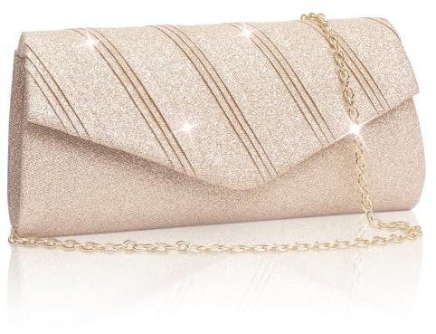 Larcenciel Women's Clutches Evening Bag, Shiny Rose Gold Handbags for Women with Detachable Chain, Elegant Ladies Crossbody Shoulder Bag, Envelope Clutch for Party, Bride, Wedding, Prom, 22×6×11cm