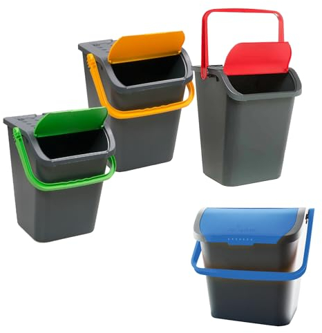 Maury's Set 4 Pattumiere da 28 Litri Differenziate Cestini e Bidoni da Interno ed Esterno per una Raccolta Differenziata Pratica e Organizzata Ecologic Componibile Con Manici Made in Italy