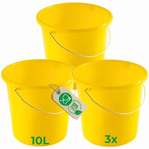 Novaliv Lot de 3 seaux de 10 l jaune avec graduation dimensionnelle - Seau de nettoyage de 10 litres ? 28,5 cm - Pratique et polyvalent avec graduation - Pour la maison et le jardin - Idéal comme seau
