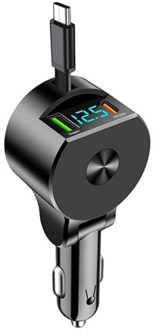 3-in-1 Aufrollbares Auto Ladegerät, 75 W zigarettenanzünder USB QC3.0+PD 30W, Handy Schnellladegerät Auto Zigarettenanzünder Stecker Adapter mit LED Voltmeter, Kompatibel mit Handy GPS Tablet PC...