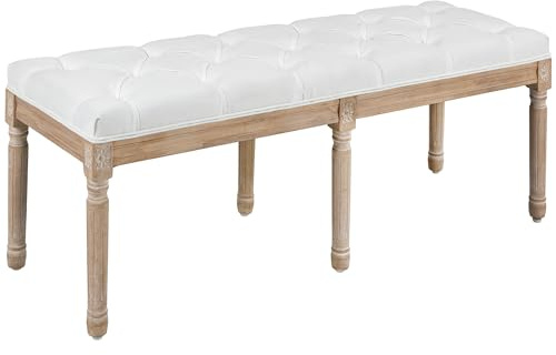 HOMCOM Panca Fondoletto Imbottita Stile Vintage, Panca da Ingresso e Camera con Rivestimento in Tessuto e Gambe in Legno di Gomma, 117x40x48 cm, Crema