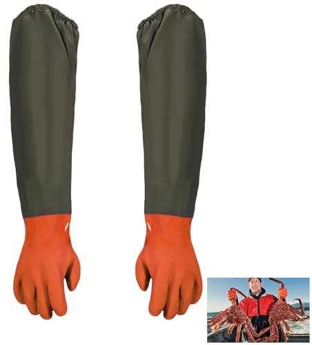 SVUPUE Guantes para Estanques, 1 Par de Guantes para Limpieza de Estanques, 70cm Guantes Largos de Goma, Guantes Largos de Trabajo Impermeables con Chorro de Arena de PU, Naranja