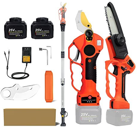 HPHPH Forbici Potatura a Batteria, Potatore Elettrico a Batteria da 25 V 40 mm con Cavo di prolunga Tagliaerba a Catena da 5 Pollici, per Il Giardinaggio(Pruner Saw Color Box)