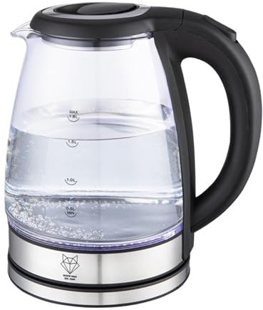 GUSTAV VOSS Wasserkocher Glas, 18/10 Edelstahl Elektrischer Wasserkessel 1,8L mit LED Beleuchtung 1800W 360° Edelstahl Basis, Automatische Abschaltung Mit Literskala Schwarz