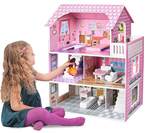 FIVMEN Casa de muñecas de 3 pisos de madera con muebles y diversos accesorios para muñecas grandes, juguetes para niñas a partir de 3 años, 60 x 24 x 70 cm
