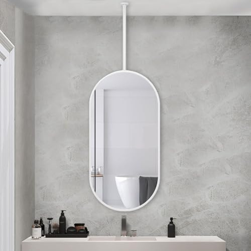 Espejo ovalado para colgar con gancho personalizable para montar en el techo, espejo de maquillaje para baño, espejo decorativo colgante de estructura de metal, blanco, 40 x 60 cm