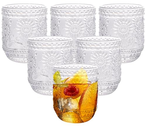Ulable Drinking Glasses Set of 6-360ml/12oz Vintage Tumbler Glasses - Decorative Floral Embossed Water Glasses - Heavy Duty Glassware Beverages Tumblers for Whisky, Beer, Juice, Wine, Transparent