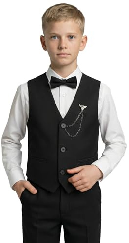 Boys Slim Fit 4 Piece Textured Black Waistcoat Suit Set, Formal Outfit for Weddings, Parties and Special Occasions Sizes 16 Years UK