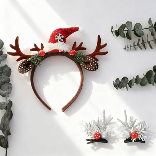 HODIHIWI Antler Headband Deer Ears Christmas Hair Accessories Reindeer Horns Crown Santa hat for Women Girls Christmas Cosplay Prom Photo Shoot