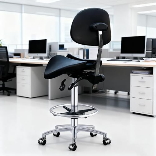 Taburete Pony Silla de Oficina con Ruedas, Taburete de Silla de Montar con Asiento Dividido con Respaldo y Reposapiés, Taburete Ergonómico de Silla de Montar para Farmacia(45-60cm (17.7 - 23.6in))