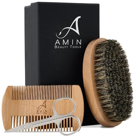 Beard & Mustache Grooming Kit for Men featuring a Synthetic Bristle Beard Brush, Beard Comb, Mustache Scissors.