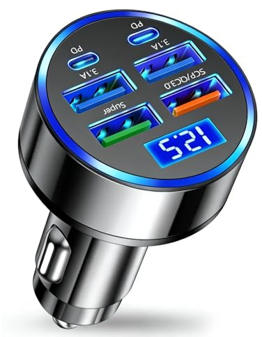 Caricabatterie Auto USB,4 USB + 2 PD Type-C con Display Digitale con Voltmetro LED Caricatore Accendisigari Rapido Universale Compatibile con phone/Android