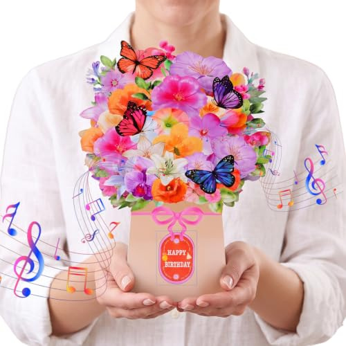 AOOSU födelsedagskort, 3D-popup-gratulationskort med musik och ljus, födelsedagskort, blommor, gratulationskort, liljor och fjärilar, evig blombukett med kuvert