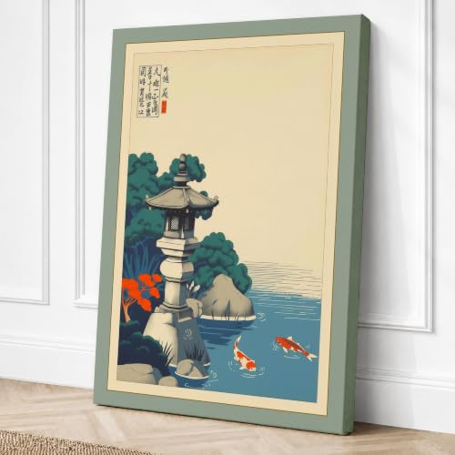 Stone Lantern at Water's Edge Canvas Wall Art Print 36x24 Inch | Ready to Hang, Gallery Wrapped, Fade-Resistant Inks, Securely Packaged, UK Made