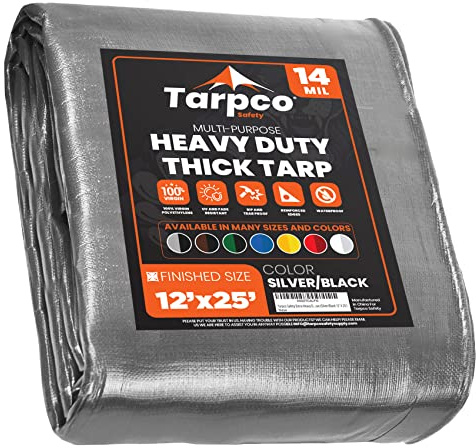 Tarpco Safety Heavy Duty 245 GSM/ 14 Mil Tarp Cover, Waterproof, UV Resistant, Rip and Tear Proof, Poly Tarpaulin with Reinforced Edges for Roof, Boat (Silver/Black 12′ X 25′ | 3.65m X 7.65m)