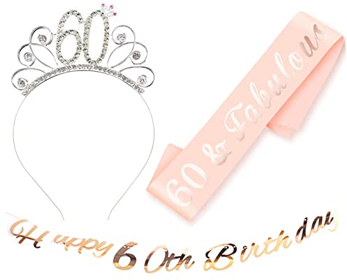 jenich 60 Compleanno Fascia Oro Rosa 60 Anni di Compleanno Donna Tiara Birthday Corona per Compleanno 60 Coroncina di Compleanno Happy Birthday Banner Decorazioni Accessori per Compleanno Ragazza