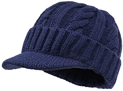 CLAPE Ull beanie mössa med skärm varm vintermössa herr stickad mössa dam akryl stickad hatt elastisk kort brätte hatt, NB03-Navy Blue, En Storlek