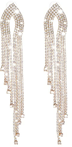 Orecchini Pendenti Lunghi con Nappe e Strass Glitter Oro Boho - Color Oro con Glitter per Prom Party e Gioielli da Sposa - Lampadario Glitterato Donna