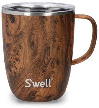 S'well Mug with Handle, Teakwood, 350ml. Vacuum Insulated Stainless Steel Travel Mug with Handle, On-The-Go Travel Cup with Slide-Open Lid - Dishwasher Safe, Brown