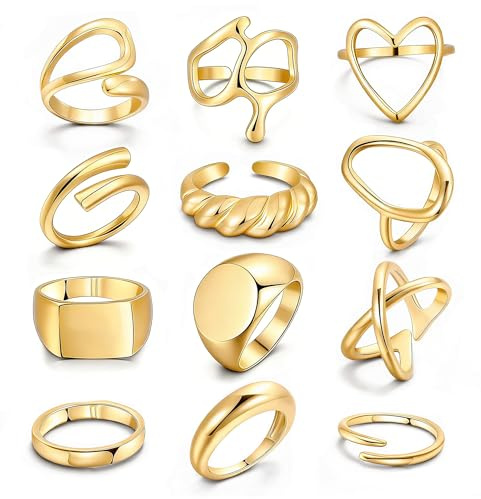 FAXHION 12PCS Gold Stackable Rings Set for Women, 18K Gold Plated Open Stacking Knuckle Ring, Adjustable Chunky Signet Band Statement Ring for Gift