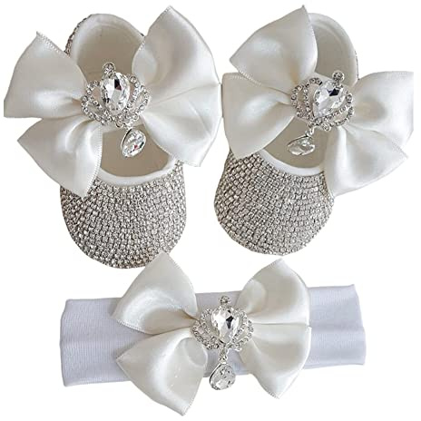 ISAKEN Neonata Scarpe e Fascia Battesimo Set Regalo 2 Pezzi, Scarpe Primi Passi Bimba, Scarpine Prima Infanzia, Set di Sandali e Fascia per Neonate Scarpe da Principessa per Bambina