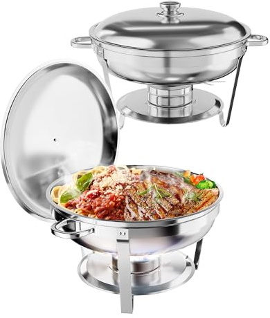 GAOMON 5QT Chafing Dish Buffet Set of 2 Pack, Round Stainless Steel Food Warmers Buffet Servers Sets, Chafer with Food & Water Pan, Lid, Frame, Fuel Holder for Catering and Parties
