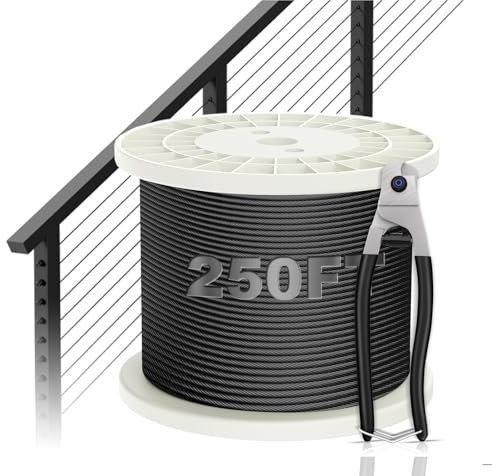 BLIKA 250FT 1/8 Black Stainless Steel Cable with Cutter, T316 Marine Grade, Stainless Steel Wire Rope 7x7 Strand Construction, 1850lbs Breaking Strength Aircraft Cable for Deck Railing