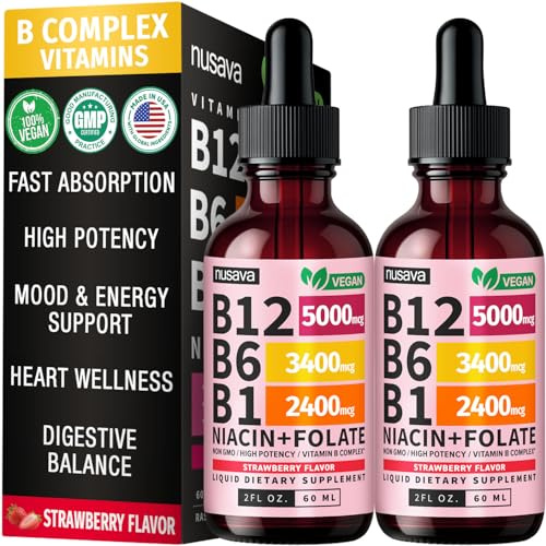 (2 Pack) Vitamin B12 and B6 Liquid Drops, B12 Sublingual Vitamin B Complex - B 12 Vitamin 5000mcg - B12 Methylcobalamin for Energy, Brain, and Heart Support with 27,200 mcg, Strawberry, 80 Servings