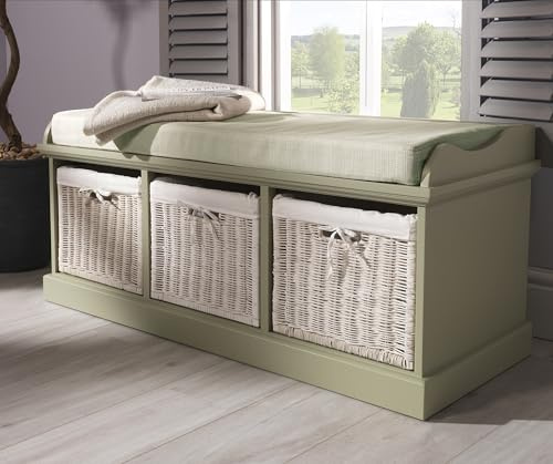 Statement Furniture Tetbury Storage Bench with 3 Wicker Baskets | Fully Assembled Large Sage Green Hallway Shoe Storage Seat, W112cm D40cm H46cm (sage green)