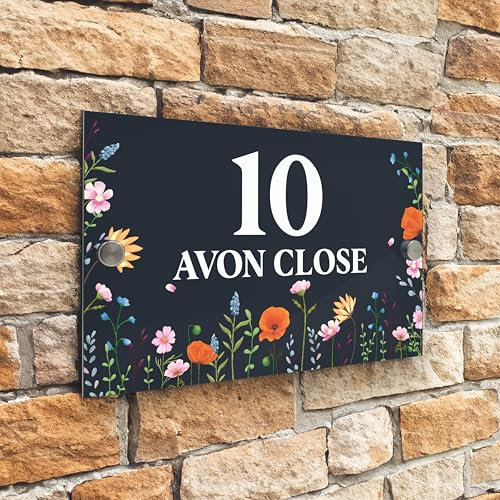 Badgemaster Modern Anthracite Grey House Number Sign Plaque Stainless Steel Standoffs 20cm x 13cm Wild Flower Medow