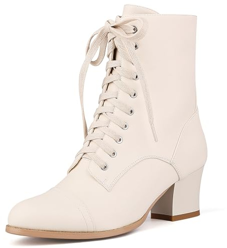 Pixoecuty Women's Victorian Ankle Boots Lace UP Boots For Women Booties Side Zipper Block Chunky Mid Heel Beige US 6