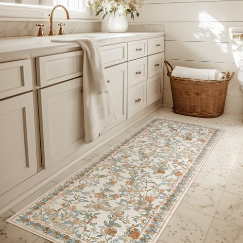 TOPICK Alfombra pasillo flores lavable cocina pasillo pelo corto vintage naranja-azul romántica alfombra 60x210cm antibacteriana plegable antideslizante fina alfombra para pasillos dormitorio salón