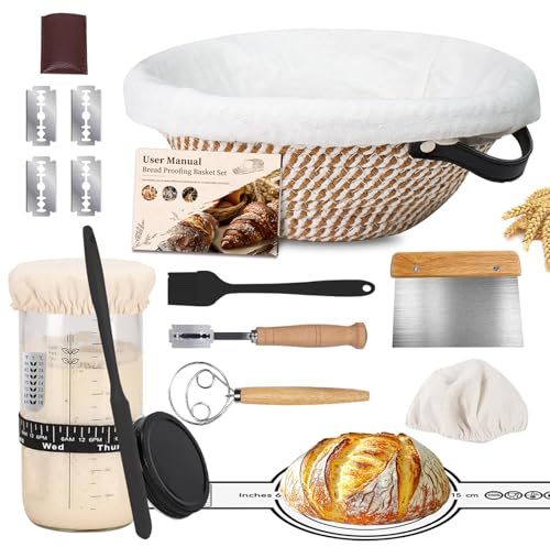 Sourdough Starter Kit,Banneton Bread Proofing Basket 10Inch Round,Sourdough Bread Baking Supplies With Starter Jar,Bread Sling,Lame,Danish Dough Whisk Sourdough Kit Gifts for Bakers Women Wife Mom
